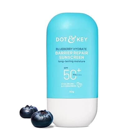 Dot & Key Blueberry Hydrate Barrier Repair Sunscreen In-Vivo Tested SPF 50+ PA++++ | With Ceramides & Hyaluronic, Hydrates & Protects Skin | Repairs Damaged Skin, Lightweight, Non-Sticky, Non-Greasy | 50g