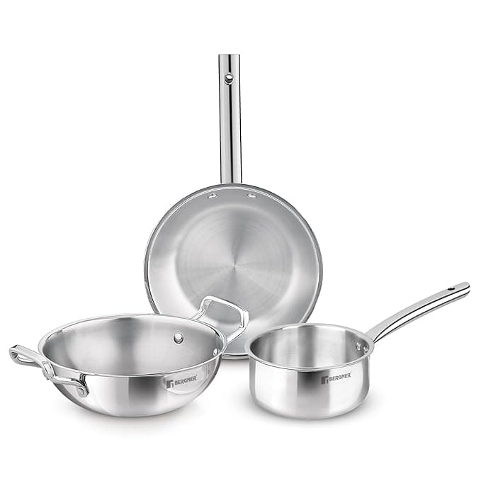 Bergner TriPro 3 Pcs Tri-Ply Stainless Steel Induction Bottom Cookware Set - 22cm (2L) Kadai and 22cm (1L) Frypan, 14cm (1.1L) Teapan, Less Oil Use, Easy to Clean - Induction and Gas Stove Ready