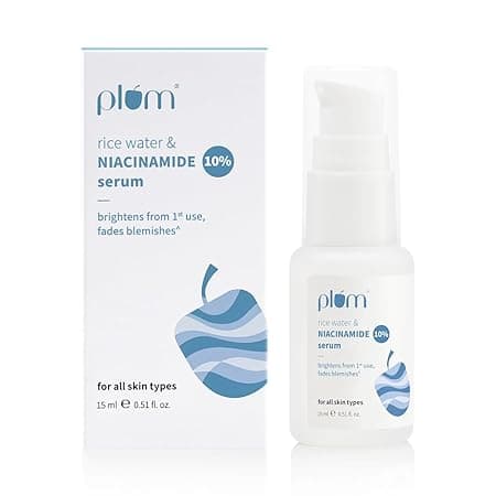 Plum 10% Niacinamide Serum with Rice Water | Provides Clear, Glowing & Brightening Skin | for Acne Prone, Combination, Oily & Sensitive Skin | Oil Control & Anti Acne Face Serum for Women & Men | 15ml