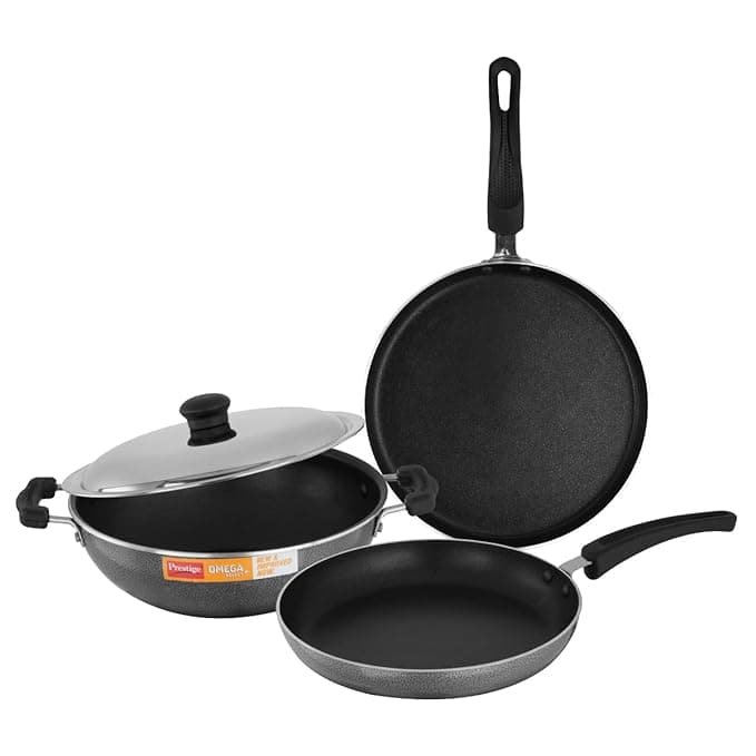 Prestige Non-Stick 3 Pc Cookware Set with Stainless Steel Lid | Omega Select Plus | Omni Tawa 25cm | Fry Pan 25cm | Kadai 25cm | PFOA Free | Metal Spoon Friendly | Sturdy Handles | 1Y Warranty | ISI