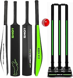 Bodyfit Heavy Duty Premium T-20 Cricket Bat | Lightweight| Full Size| | Hard Plastic Bat| Premium Cricket Wicket Set l 3 Stumps+2 Bails+1 Stand Set, 1 Ball.