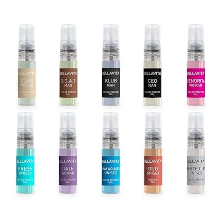 Bella Vita Luxury | Trial Pack Of 10x5ml Long Lasting Pocket Perfume for Man and Woman | Mix Of EDP, EDT & EDC Sweet, Floral, Woody, Musky & Spicy Fragrance