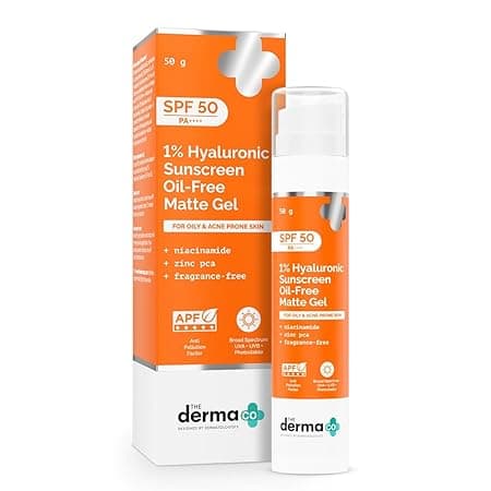 The Derma Co 1% Hyaluronic Sunscreen Oil-Free Matte Gel SPF 50 PA++++ | For Oily, Acne-Prone Skin | Lightweight Texture | No White Cast | Broad Spectrum Protection & Blue Light Protection | Non- Comedogenic | Clinically Tested - (In -Vivo) | Tan Protection | Anti-Pollution Factor | Photostable | Water & Sweat Resistant | For Men & Women | 50 g