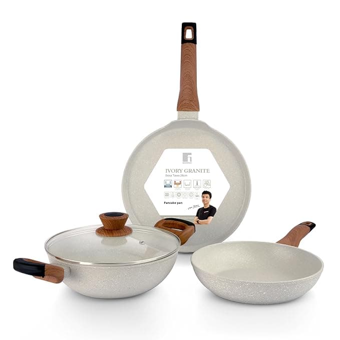 Bergner Ivory Granite Non-Stick 4 Pcs Cookware Set - 24cm/2.5L Kadai with Lid 24cm Frypan 28cm Dosa Tawa 3-Layer Marble Healthy Coating PFOA Free Forged Aluminium - Induction and Gas Stove Ready