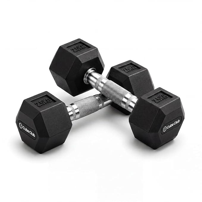 The Cube Club Rubber Encased Hex Dumbbell 5kg Pair (2.5kg Each) | Rubber Coated Anti-Slip Hex Dumbbells for Home Workout, Strength Training & Fitness Exercises for Men & Women