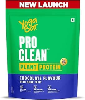 Yogabar ProClean Plant Protein Powder - 25g Protein Per Serve - Chocolate Flavour with Monk Fruit Sweetener - Cleanest & Lightest Protein with Herbs for Easy Digestion - Ideal for Vegan Diet - No Added Preservatives, No Added Sugar (500g Pouch, 13 Servings)