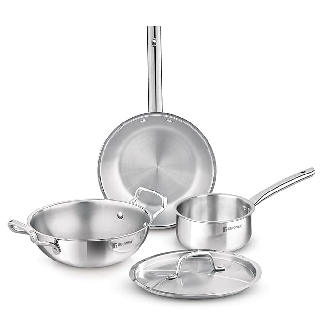 Bergner TriPro 4 Pcs Tri-Ply Stainless Steel Induction Bottom Cookware Set - 22cm (2L) Kadai and 22cm (1L) Frypan with Common Stainless Steel Lid, 14cm (1L) Teapan, Less Oil Use, Easy to Clean