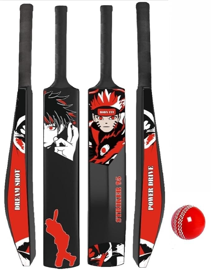 Bodyfit Heavy Duty Plastic Premium Cricket Bat for Men, Women & Children | Lightweight| Full Size| | Hard Plastic Bat Red | 1 Piece, 1 Soft/Wind Ball. (Shot-Red)