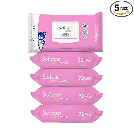 Softsens Baby Gentle Cloth Wipes for Baby Skin Enriched with Aloe Vera & Vitamin E I Dermatologically Tested & Parben Free with Lid - 72 wipes (Pack of 5)