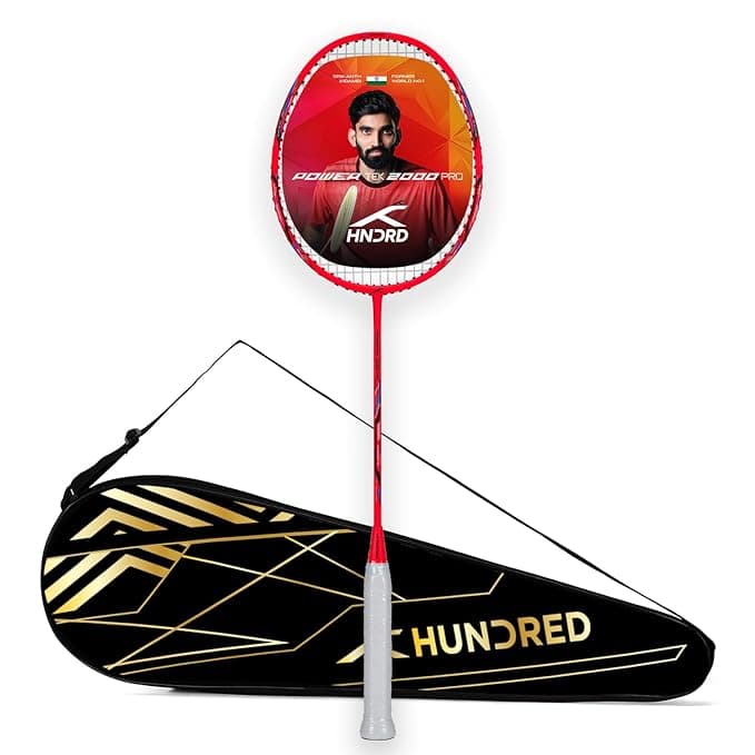 Hundred Graphite Powertek 2000 Pro Badminton Racket with Full Cover (90G, Red)
