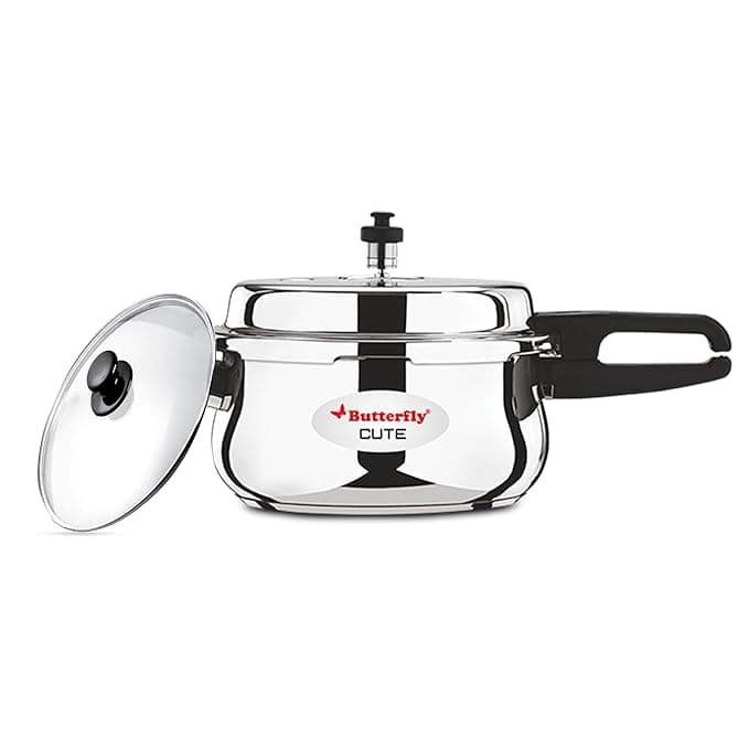 Butterfly Cute 5.5 Litres Stainless Steel Outer Lid Pressure Cooker with Glass Lid| TRIPLY Base | Induction & Gas Stove Compatible | Triple Safety | ISI Certified | 5 Years Manufacturer's Warranty