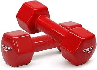 Amazon Brand - Symactive Vinyl Coated Fixed Dumbbell for Gym Exercises, Set of 2, 3 kg, Red