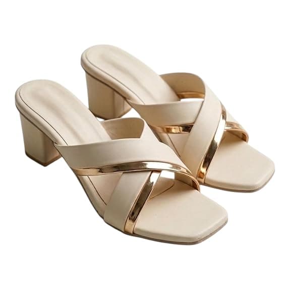Women's Block Heel Sandal, Cream with Gold Straps, Crossover Strap Mule, Lightweight, Office Wear