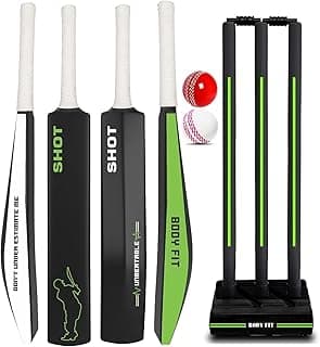 Bodyfit Shot Heavy Duty Premium Cricket Bat | Lightweight| Full Size| | Hard Plastic Bat| Premium Cricket Wicket Set l 3 Stumps+2 Bails+1 Stand Set, 2 Balls, Green WG.