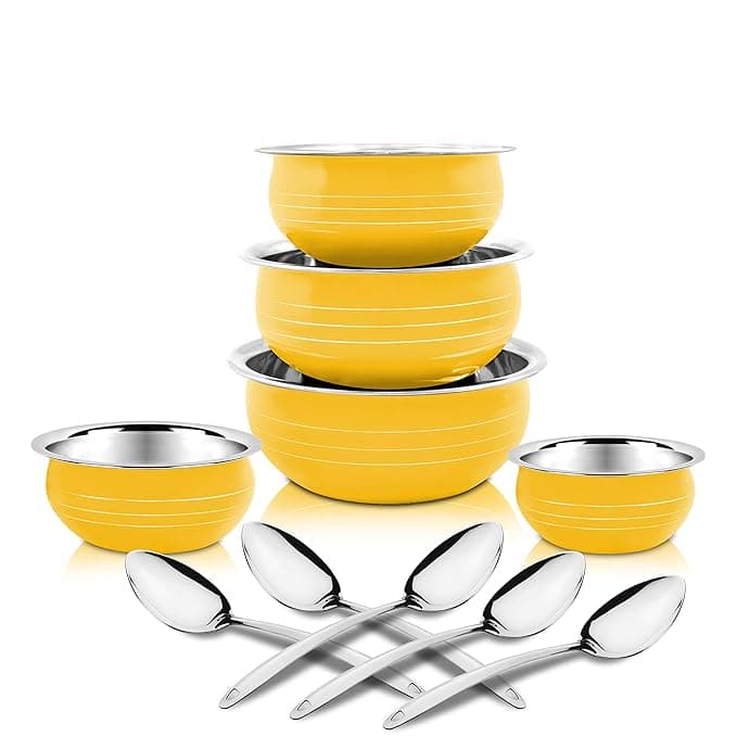 Classic Essentials Stainless Steel Handi/patila/bhagona/biryani Cook & Serve Handi Induction Bottom Cookware Set, 300ml, 550ml, 750ml,1100, 1500ml (Yellow)