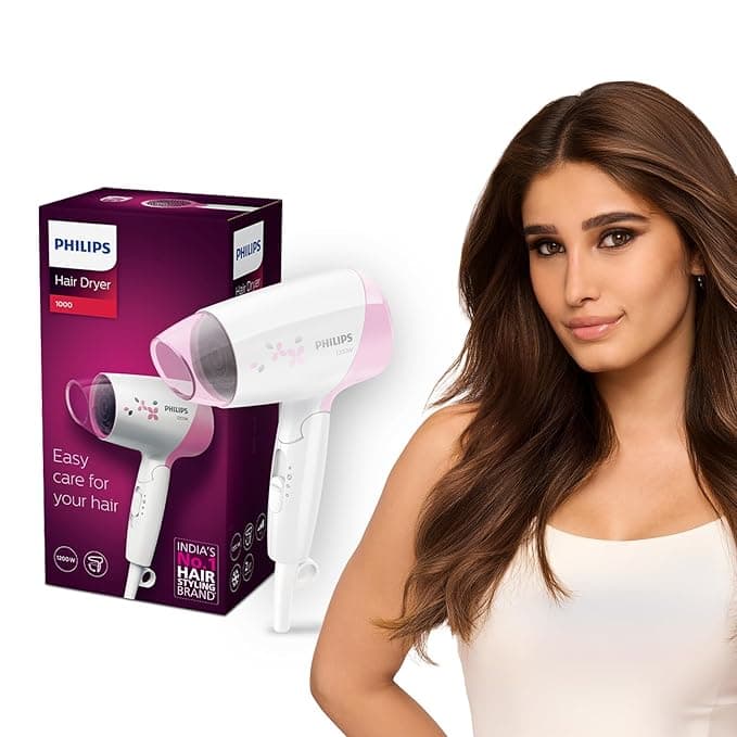 Philips India's No.1 Hair Styling Brand - Foldable Hair Dryer | 1200W | Fast Blow Dry | 2 Heat Settings | ThermoProtect Tech |Travel-Friendly, Quick Dry | Frizz Control For Indian Hair | HP8120