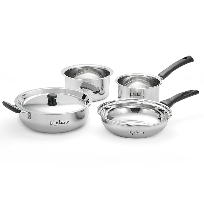 Lifelong 4 Pc Stainless Steel Cookware Set | 2.2L Kadhai with Lid 22cm | 1.4L Fry Pan 22cm | 1.2L Saucepan 14cm |1.4L Tope 16cm | Comes with Common Lid | Induction & Gas Compatible |Bakelite Handles