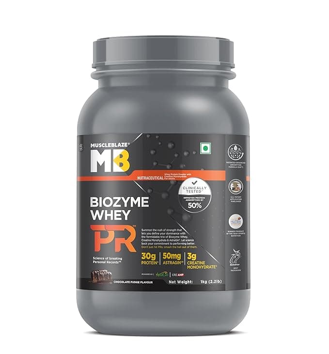MuscleBlaze Biozyme Whey Protein PR Powder with 30g Protein, 3g Creatine Monohydrate & 50mg AstraGin, Chocolate Fudge (1kg / 2.2lbs) | Trustified Gold Certified