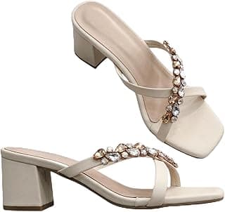 Generic Women's Block Heel Sandals, Cream, Rhinestone Embellished Strap, Open Toe, Comfortable Fit, Stylish Evening & Party Style