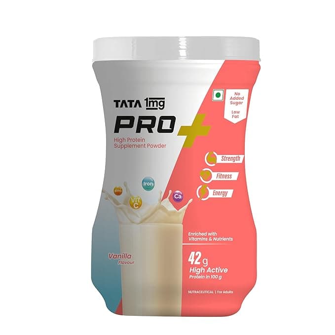 Tata 1mg Pro+ Soy Protein Supplement Powder- High Protein for Muscle & Bone Strength, Overall Fitness, and Energy with 23 essential nutrients,Low Fat & No Added Sugar,Vanilla Flavour