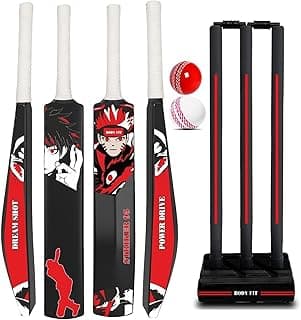 Bodyfit Premium T-20 Cricket Bat for Men, Women & Children | Lightweight| Full Size| | Hard Plastic Bat| Premium Cricket Wicket Set l 3 Stumps+2 Bails+1 Stand Set, 2 Balls, S-95 Red WG.