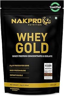 NAKPRO NUTRITION Gold Whey Protein Concentrate & Isolate 1kg Mango flavour | 25.5g Protein, Trustified Certified