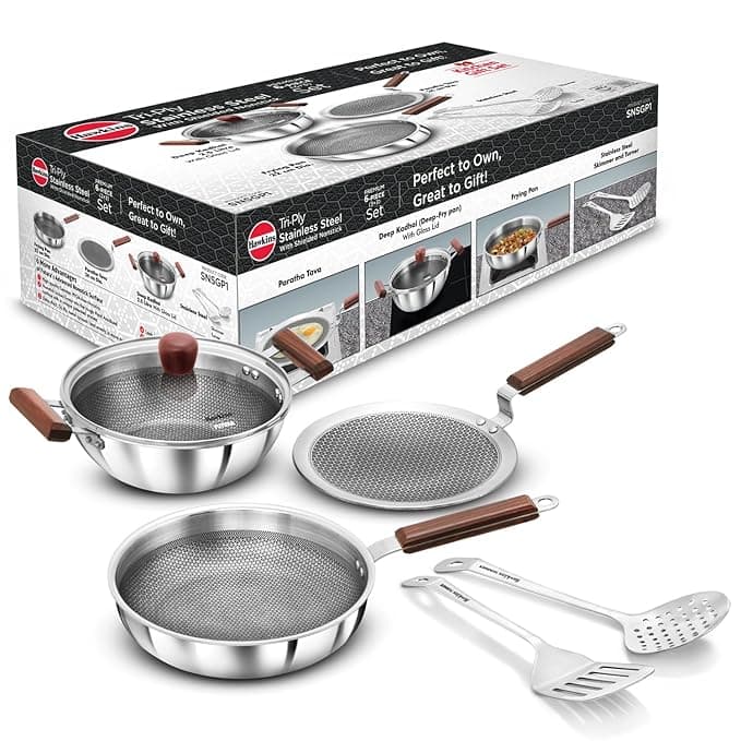Hawkins 6-Piece Triply with Shielded Nonstick Gift Set | Induction & Gas Compatible | Metal Spoon Friendly | Long-Lasting | with Lid | Silver (SNSGP1)|Induction and Gas Stove Compatible