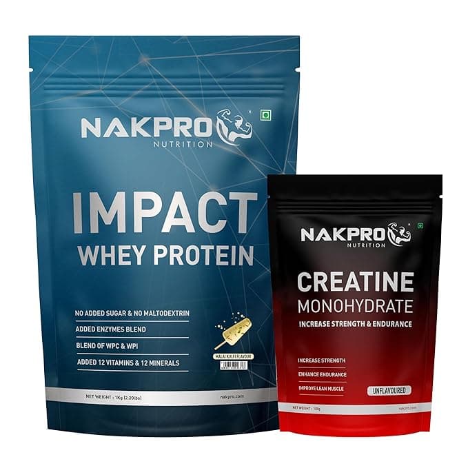 NAKPRO NUTRITION Impact Whey Protein Supplement Powder Combo (1 kg with 100g Creatine, Malai Kulfi)