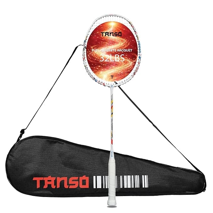 TANSO Lightbearer Full Graphite Ultra Light Weight Carbon Fibre Strung Badminton Racket (32 Lbs Tension, 675 mm Long, 77 Grams, Strung with Premium Strings and Full Racquet Cover)