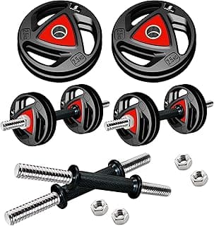 Amazon Brand - Symactive Professional Metal Integrated Rubber Adjustable 10 kg Dumbbells Fitness Kit for Full Body Workout | 14 Inch Dumbbell Rods Pair & Nuts | Home Gym Kit | Multicolor