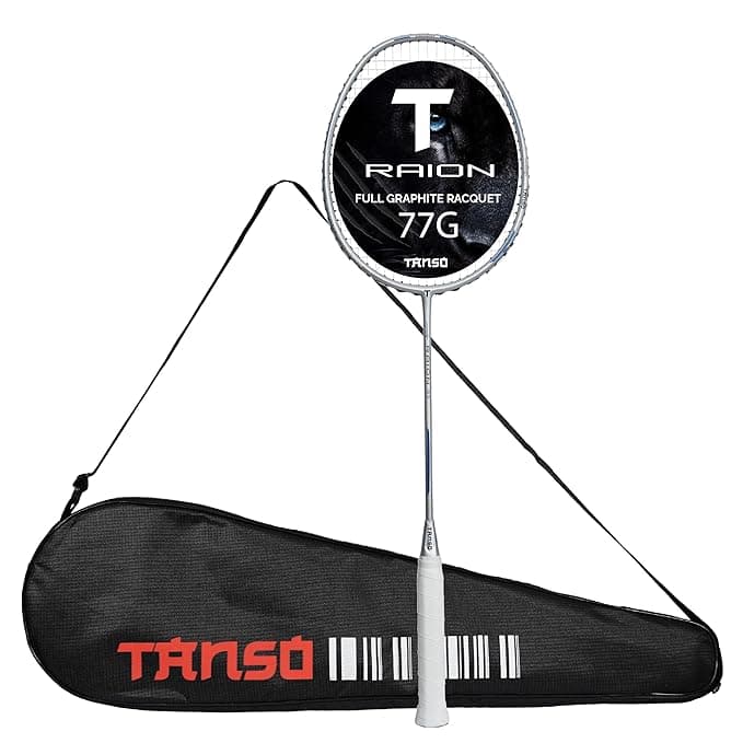 TANSO Raion SS Strung Badminton Racket (34 Lbs Tension, Recommended by Padukone School of Badminton, 77 Grams Ultra Light Weight Full Carbon Fiber with Premium Strings and Full Racquet Cover)