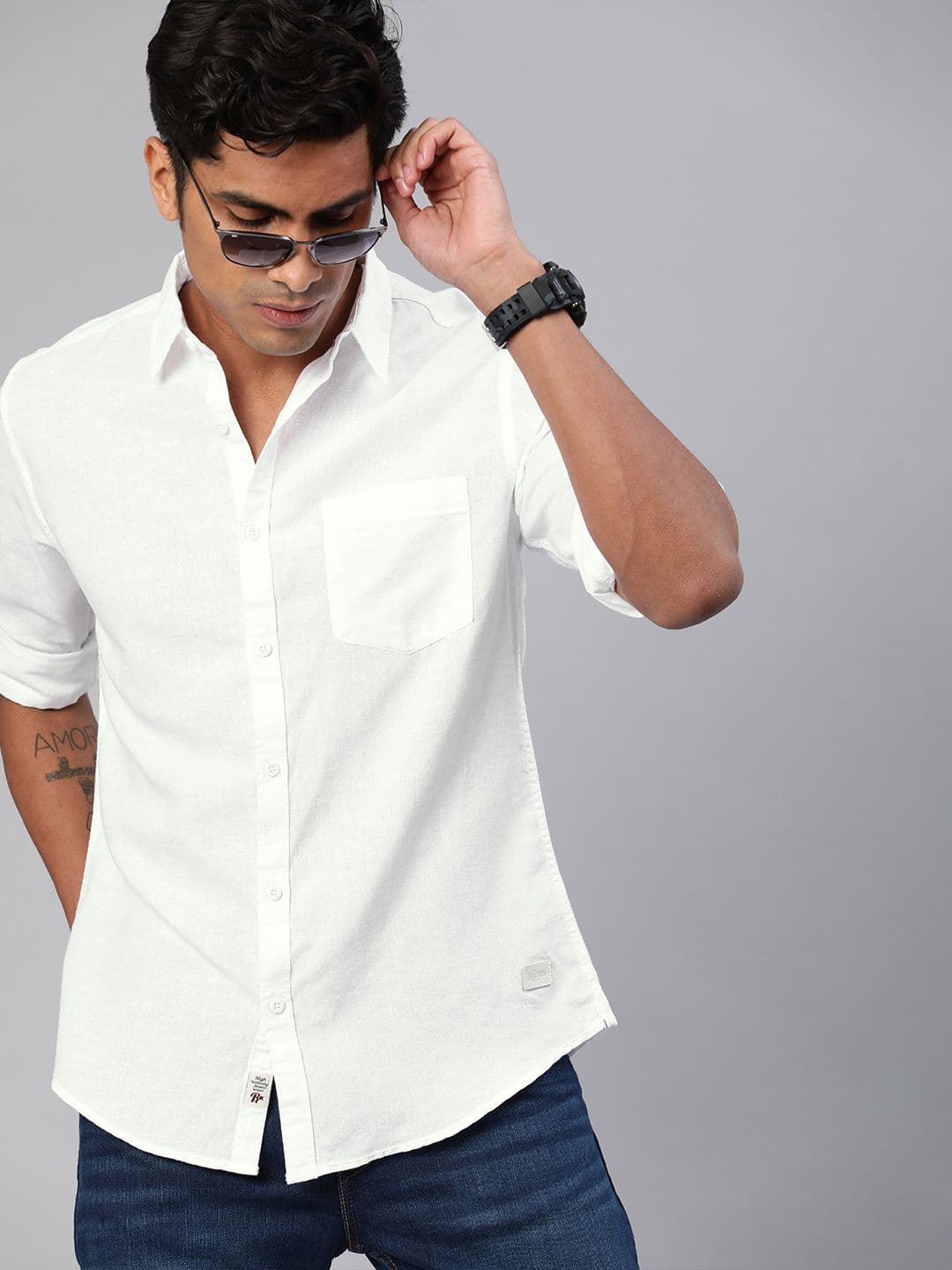 Roadster Roadster Men White Cotton Linen Casual Shirt With Roll-Up Sleeves