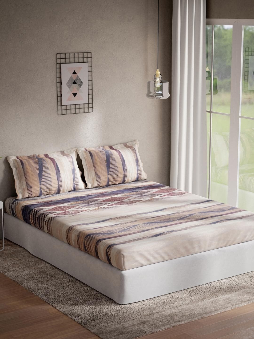 DDecor Sigma Collection Beige Abstract Cotton 136TC Queen Bedsheet with 2 Pillow Covers