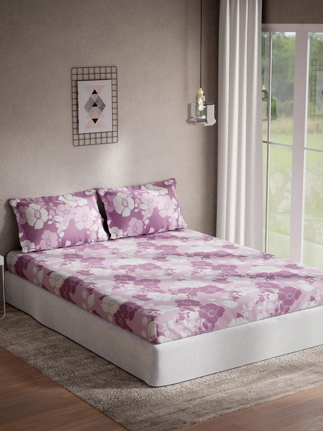 DDecor Sigma Collection Pink Floral Cotton 136TC King Bedsheet with 2 Pillow Covers