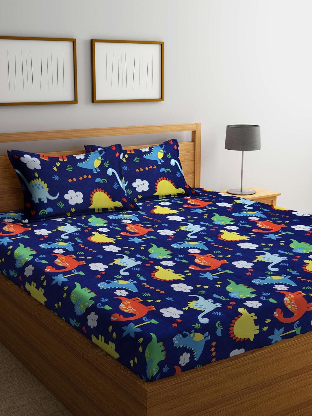 Buy KLOTTHE Navy Blue Graphic Cotton 300 TC King Fine Bedsheet With 2 Pillow Covers 98 X 89 Inches - - Home for Unisex Kids