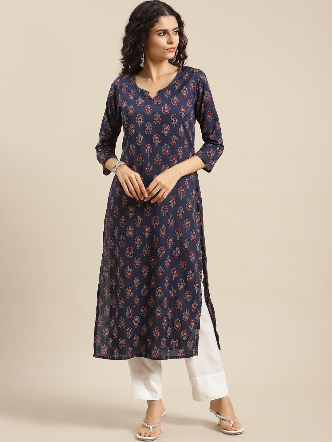 Varanga Women Navy Blue & Red Ethnic Motifs Printed Kurta