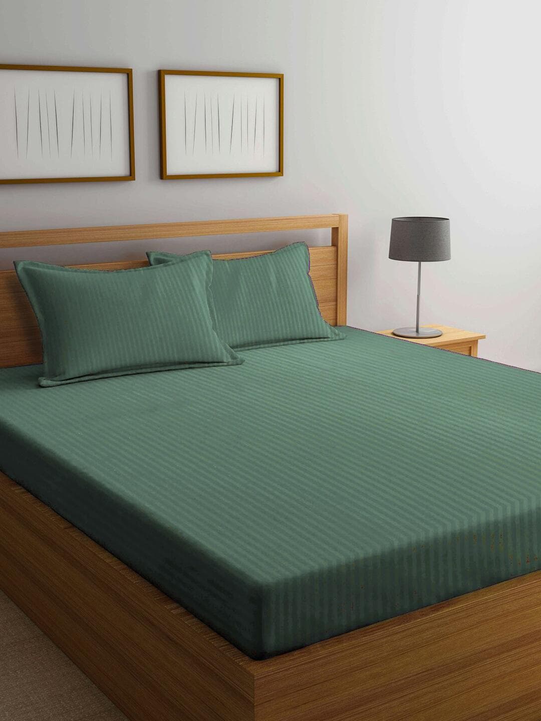 Buy KLOTTHE Green Striped Polycotton 300 TC King Fine Bedsheet With 2 Pillow Covers 98 X 87 Inches - - Home for Unisex