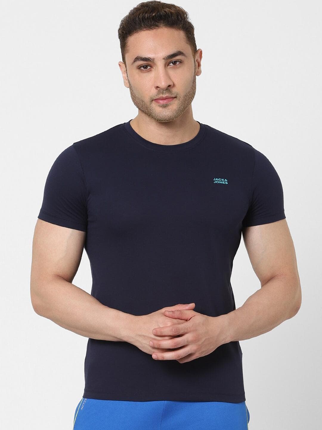 Jack & Jones Men Navy Blue Solid Cotton Lounge T-shirt
