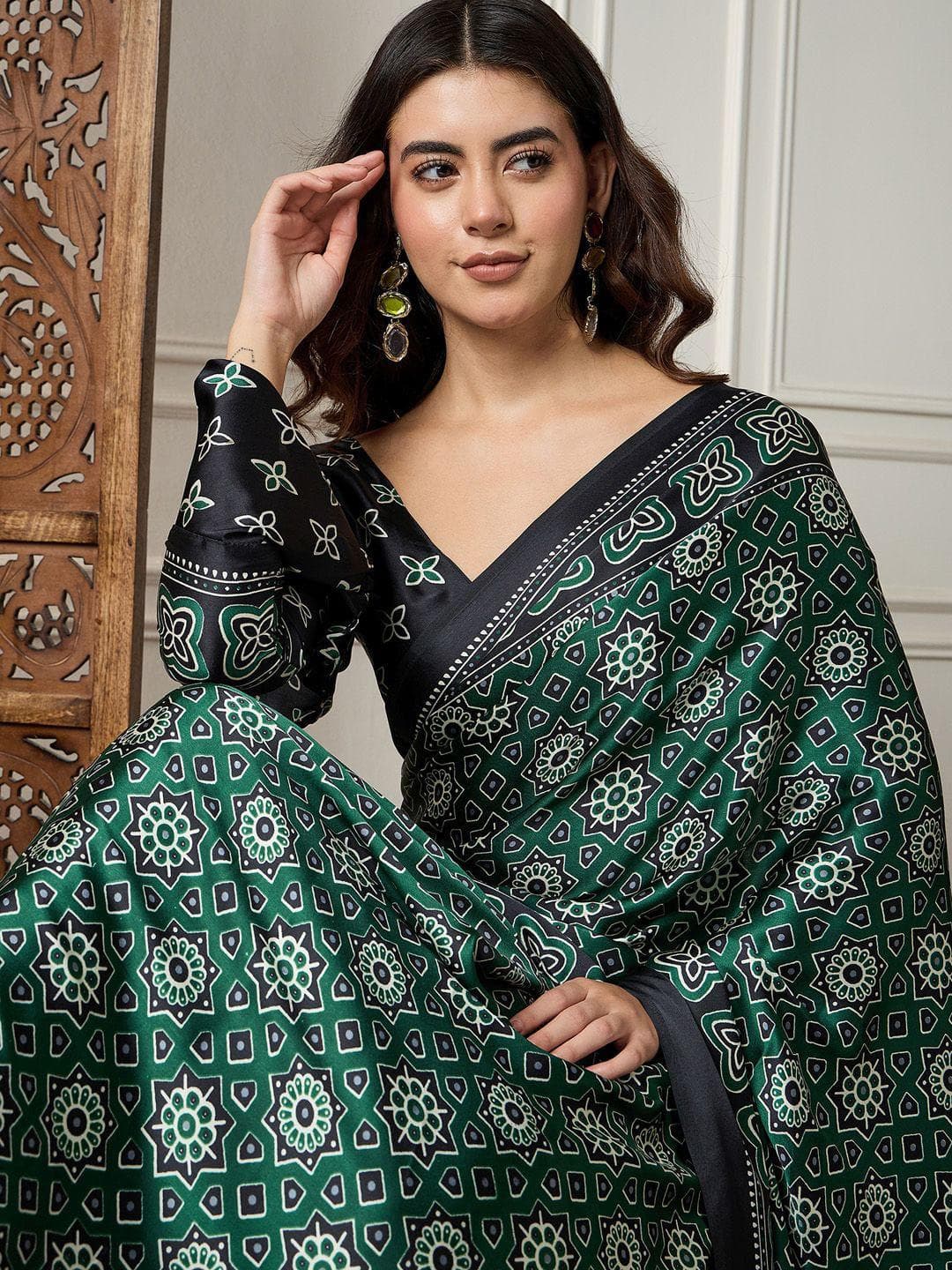 Sangria Ajrak Printed Saree With Blouse Piece