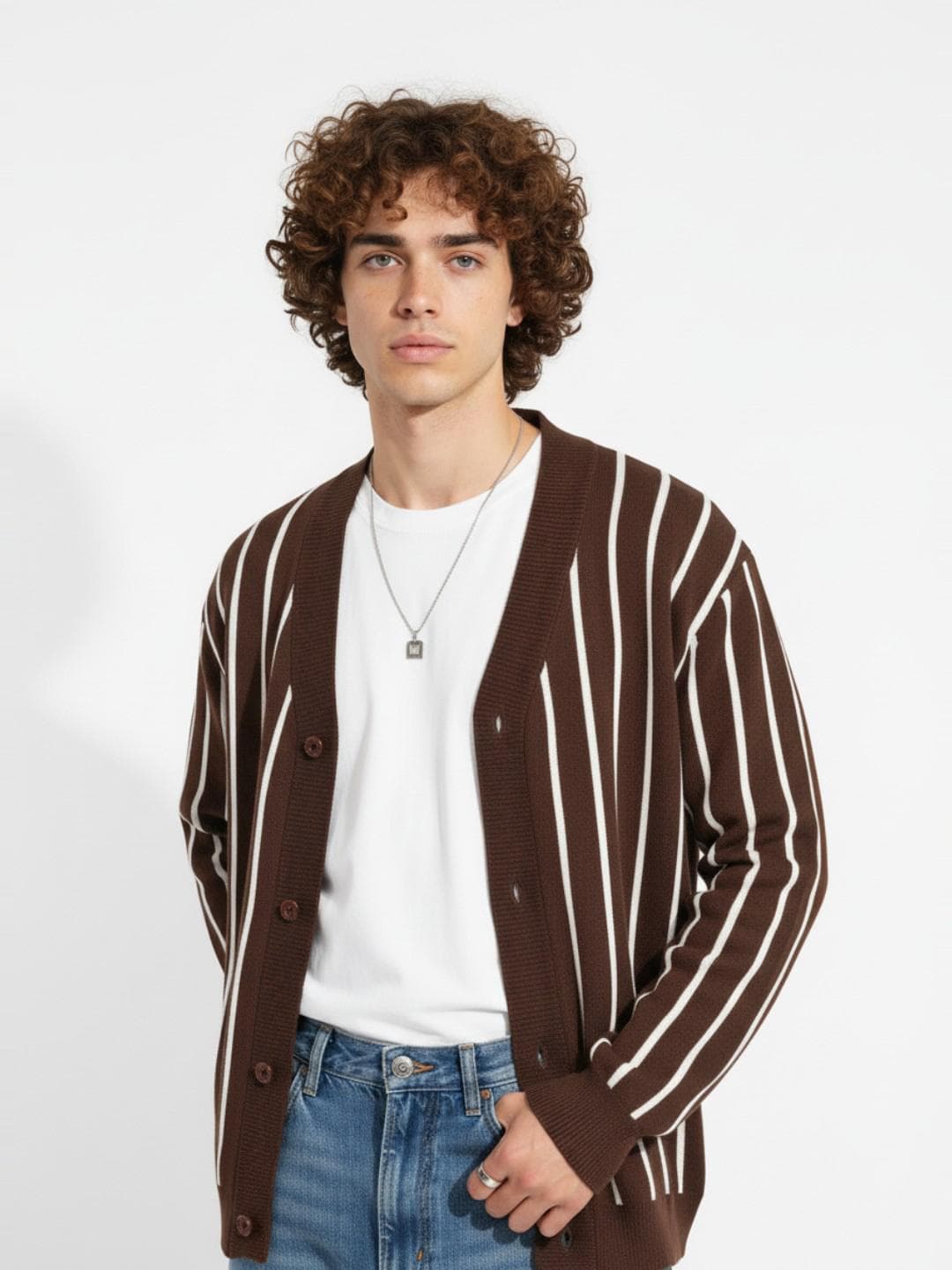 glitchez Self Striped V-Neck Cardigan