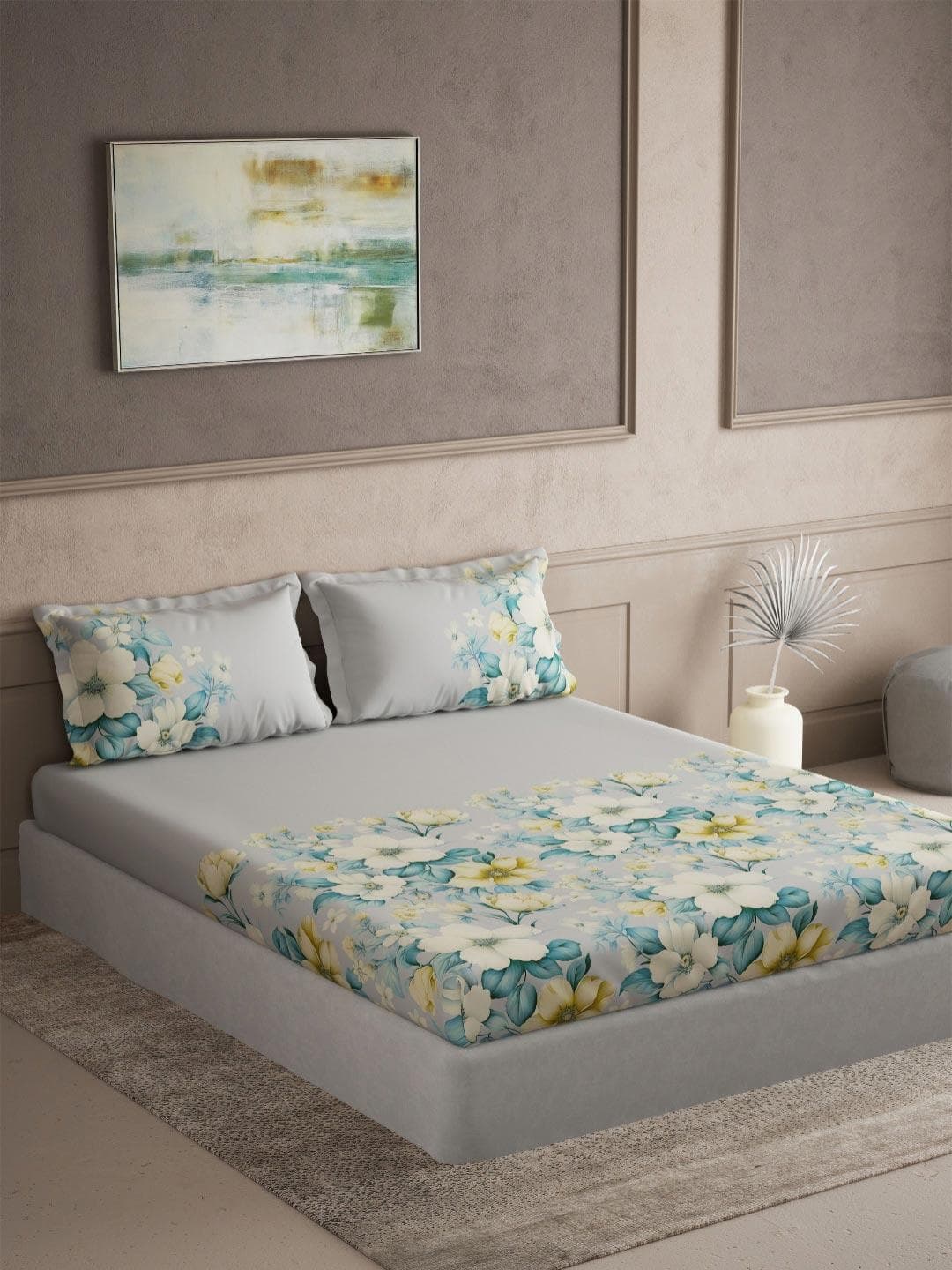 DDecor Turquoise Blue & Yellow Printed 145TC Cotton King Bedsheet Set 2.54 m x 2.74 m