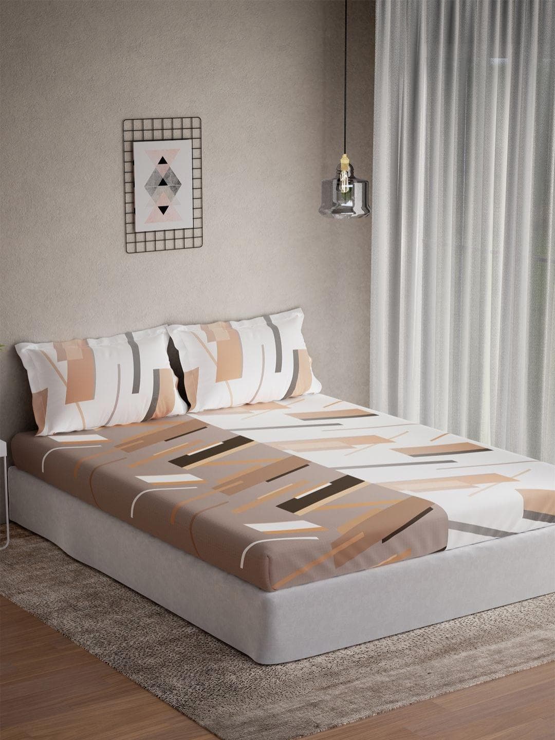 DDecor Omega Collection Brown Geometric Cotton 145TC King Bedsheet With 2 Pillow Covers