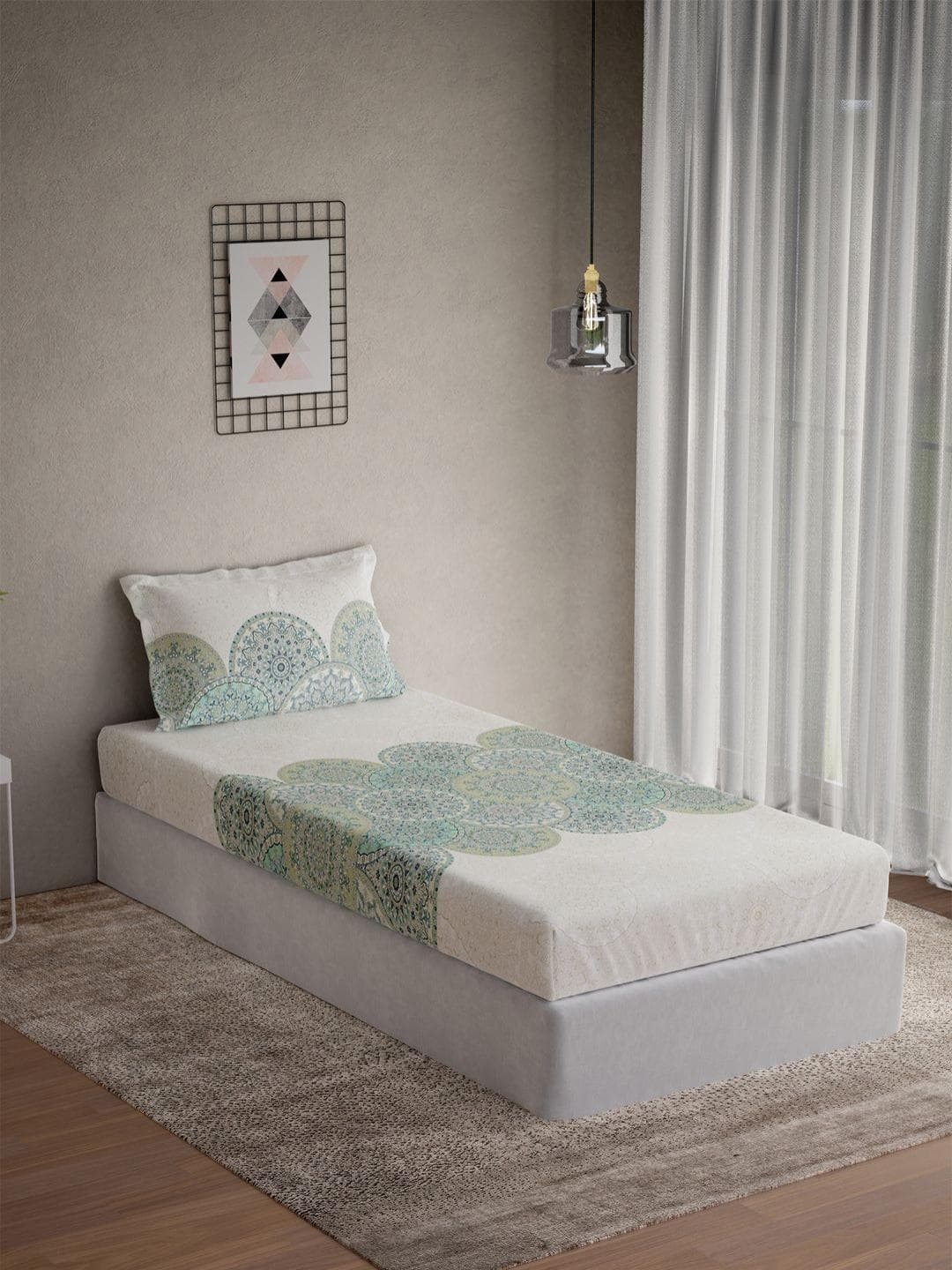 DDecor Vega Green & White Printed Cotton 144 TC Single Bedsheet Set 2.24 m x 1.52 m