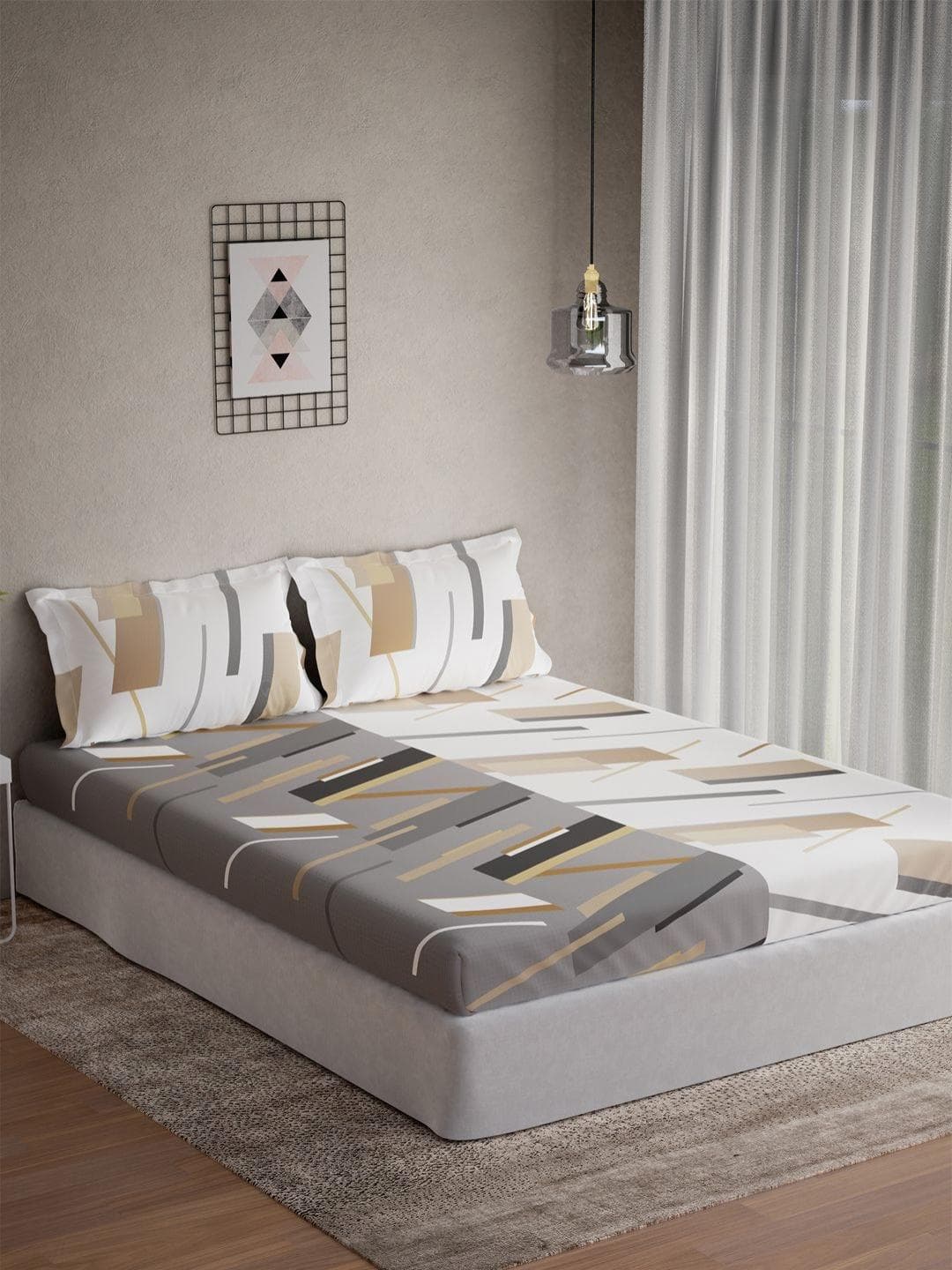 DDecor Omega Collection Grey Geometric Cotton 145TC King Bedsheet With 2 Pillow Covers
