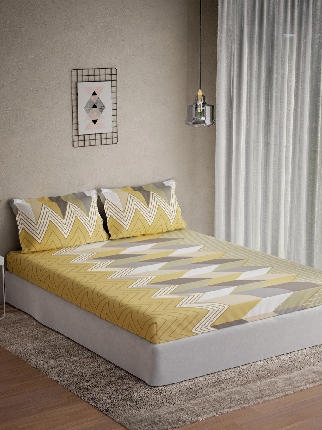 DDecor Vega Collection Yellow Geometric Cotton 145TC Queen Bedsheet with 2 Pillow Covers