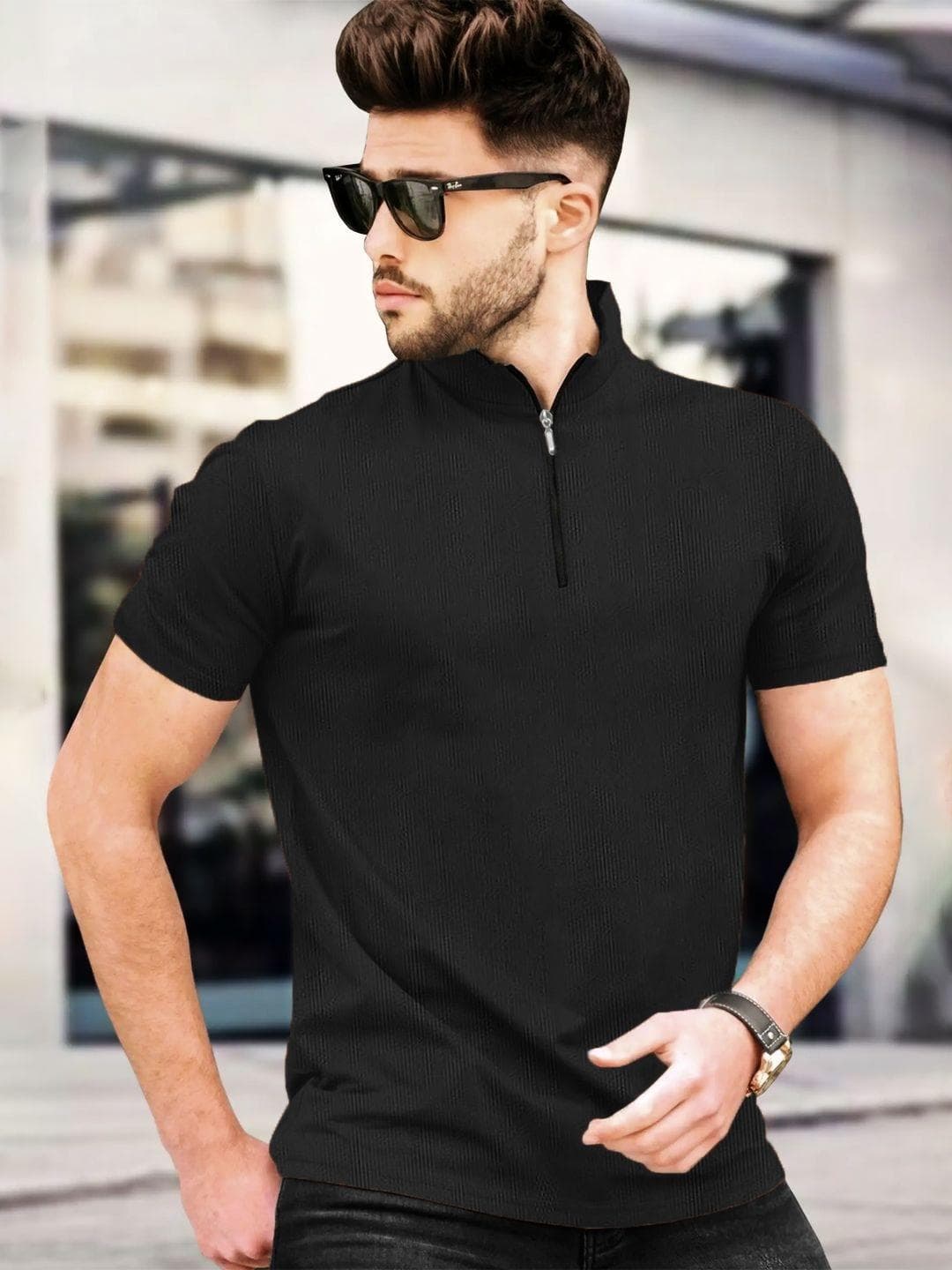 Leotude Men Self Design High Neck T-shirt
