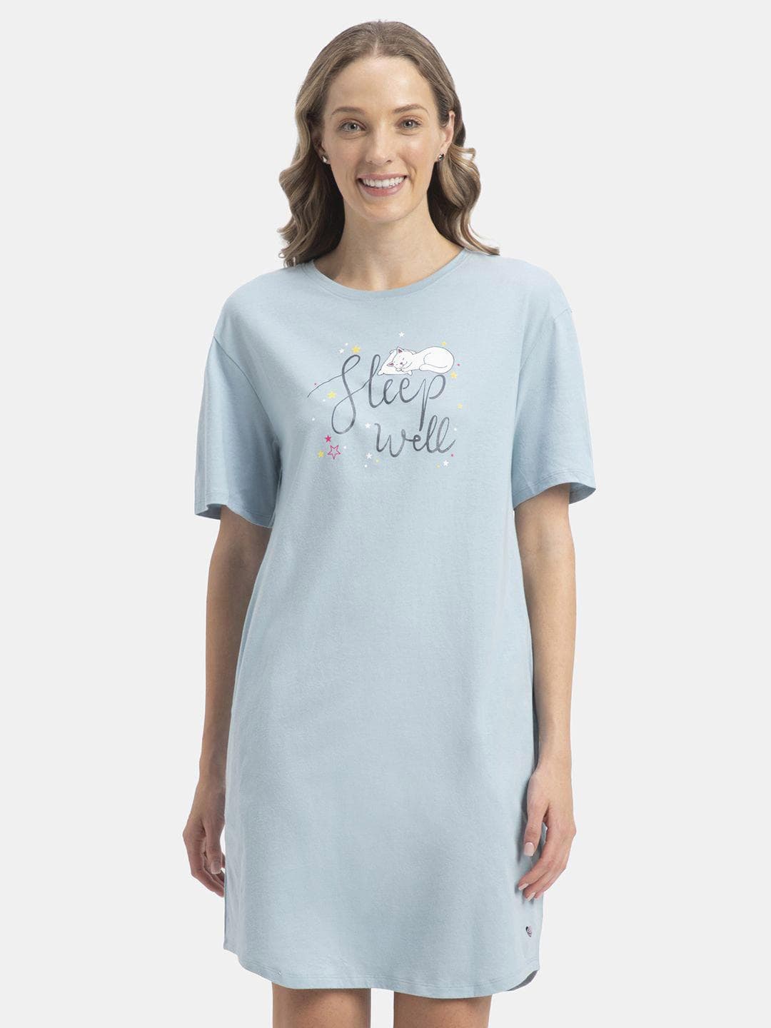 Jockey Super Combed Cotton Drop Shoulder Styled Curved Hem Printed Lounge Dress - RX90