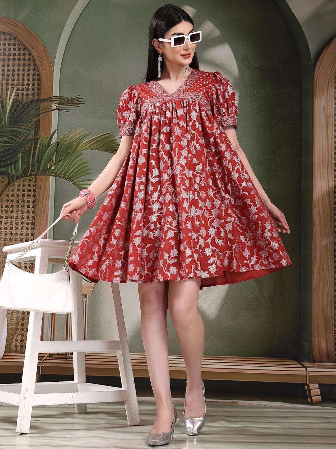 Sangria Printed Cotton V Neck Empire Ethnic Dress