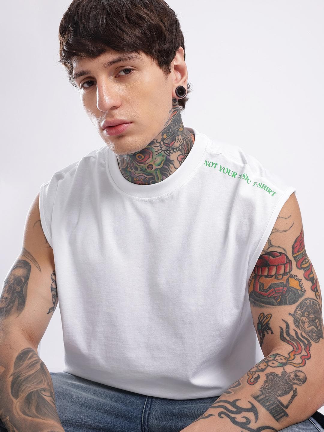 glitchez Oversized Fit Sleeveless Typography Printed T-shirt