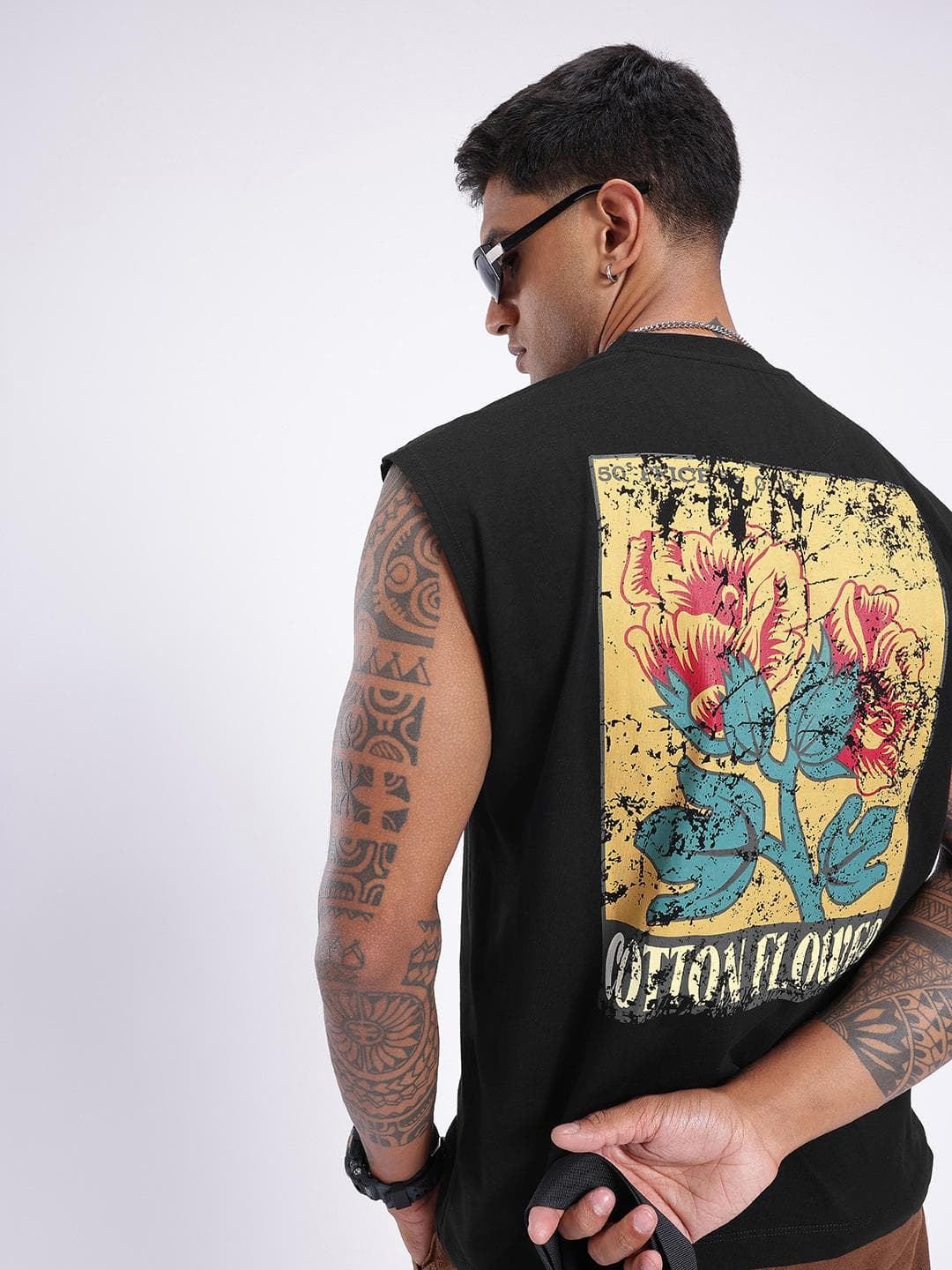 glitchez Sleeveless Graphic Printed Oversized Fit T-shirt
